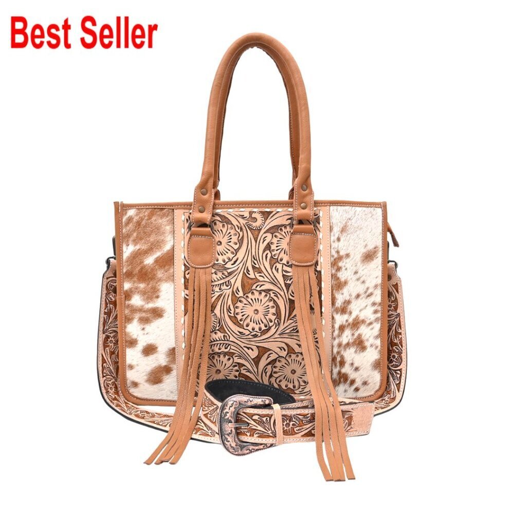 Genuine Cowhide Leather Handbag with Detachable Strap, Tote Sling Bag